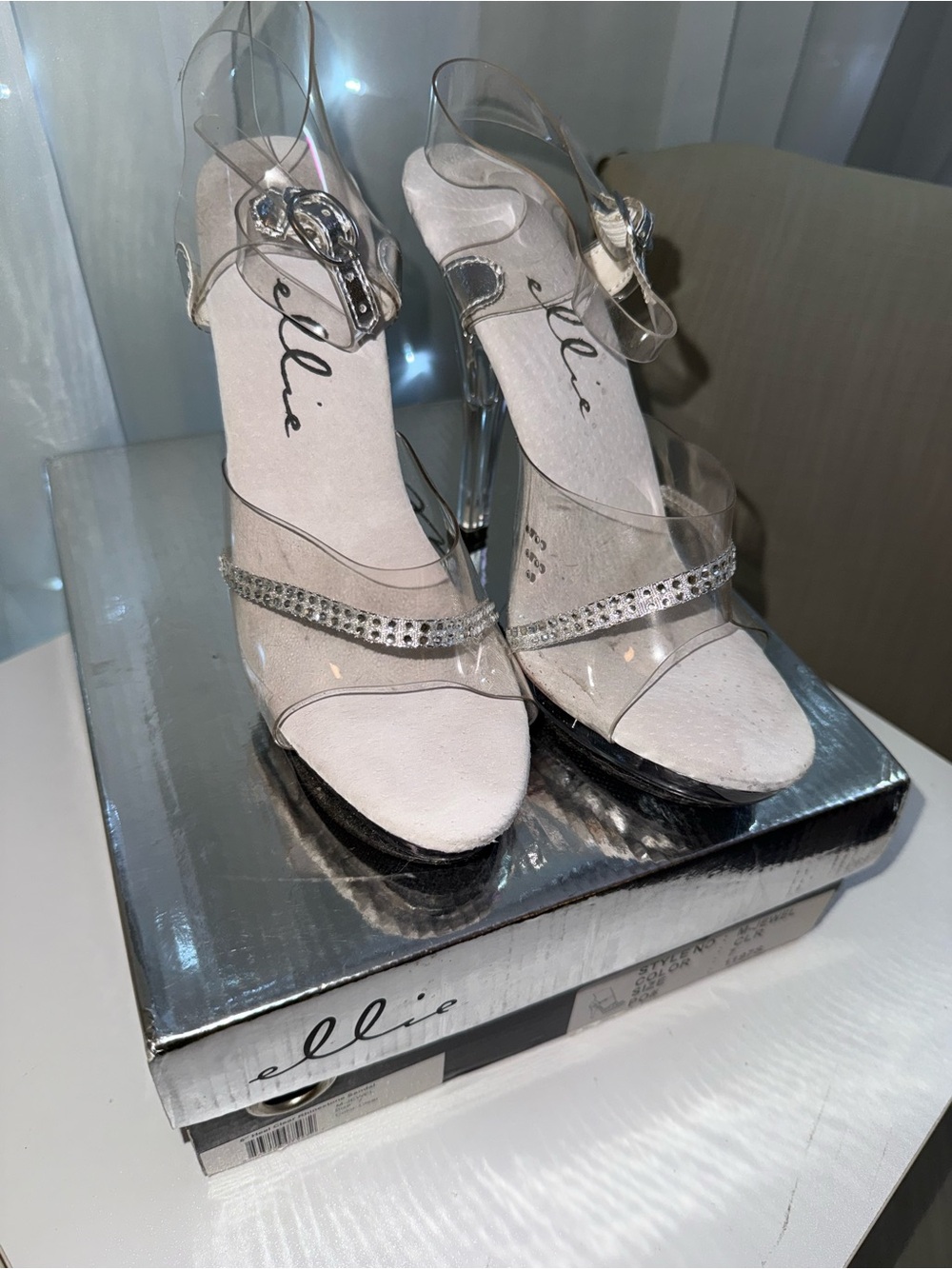 Ellie Clear Rhinestone Ankle-Strap Heels in Clear/White